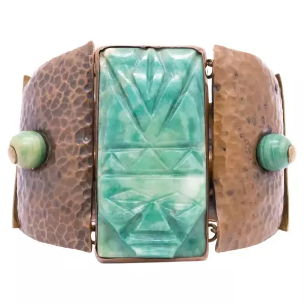 Casa De Maya 1950 Mexico Mixed Metals Statement Bracelet With Green Jade.