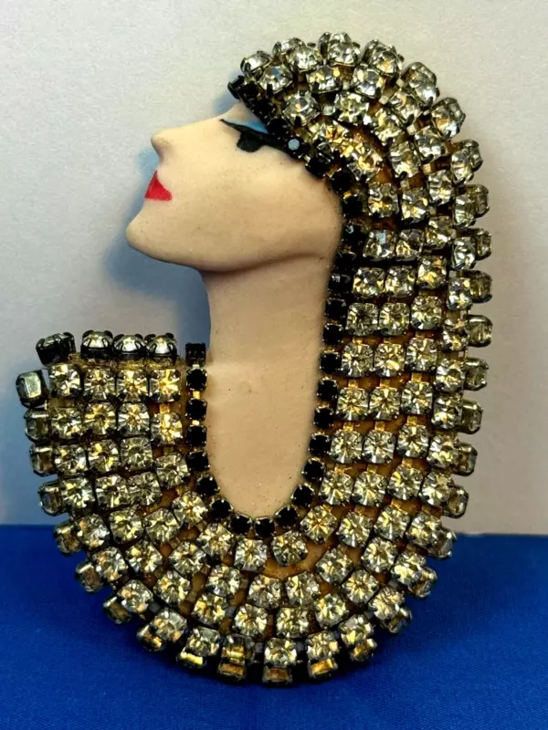 Cleopatra Rhinestone Brooch Porcelain Face Elvira Jackie Egyptian Style.