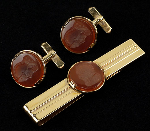 Cufflinks and money clip with intaglio, plastic inserts, Swank, 1970s, USA.