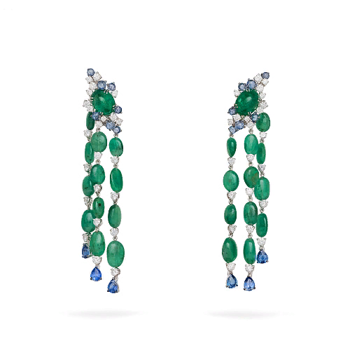 Earrings gold, Diamond, Emerald, Sapphire.