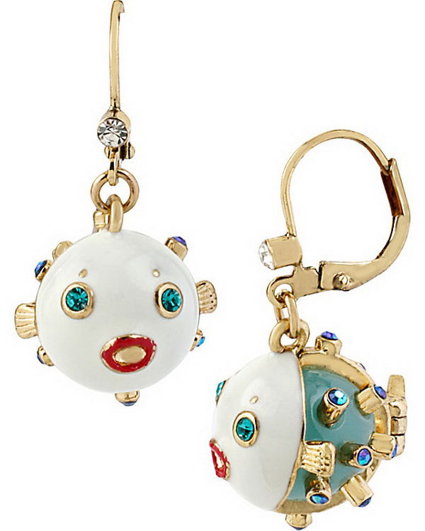 Earrings with enameled fish.
