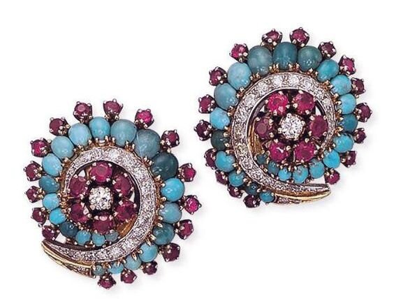 Earrings with turquoise and rubies.