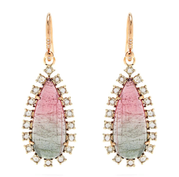 Earrings with watermelon tourmaline and pink cut diamonds.