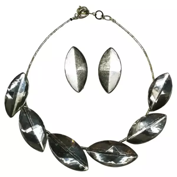 Grey mirrored glass 'leaf] necklace and earrings, Langani, Germany, 1970s.