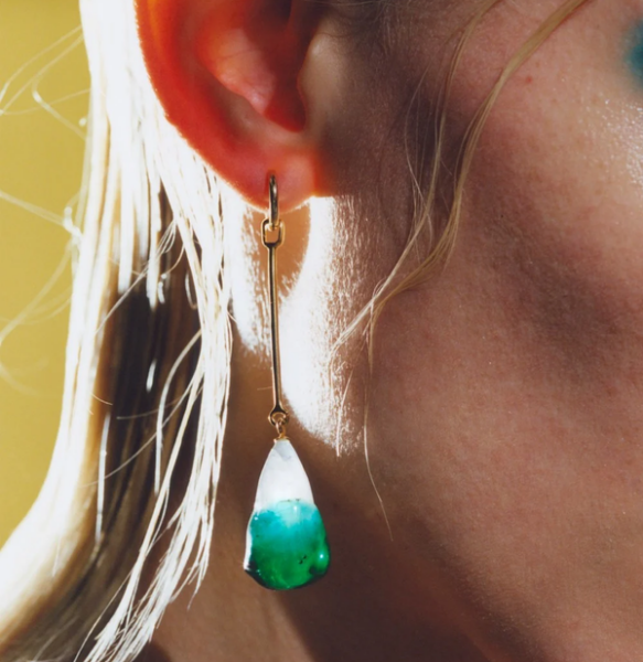 Hanging earrings with a large multi colored stone.