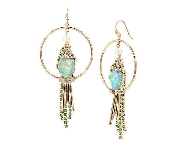 Long earrings with birds with opal bellies.