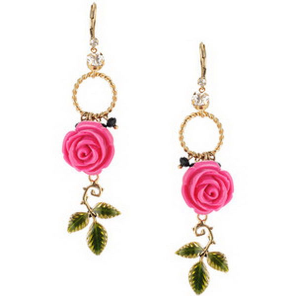 Long earrings with roses and leaves.