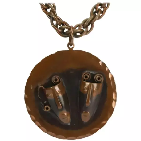 Mid Century Modern Rebajes Comedy and Tragedy Copper Medallion Necklace.