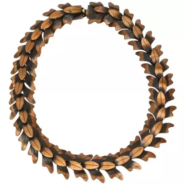 Mid Century Modern Rebajes Modernist Copper Cascading Leaves Necklace.