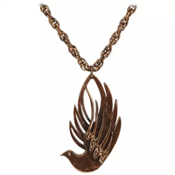 Mid Century Modern signed Rebajes Dove Bird Copper Pendant Chain Necklace.