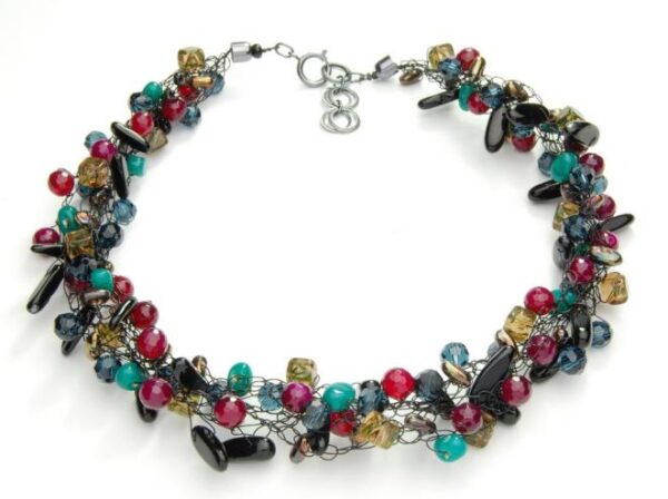 Necklace made of multi colored beads and wire.