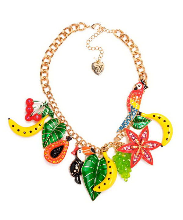 Necklace with enamel pendants in the form of fruits and leaves.