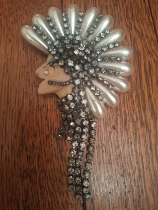 Originals By Elvira & Jackie Porcelain Face Brooch Rhinestones Faux Pearls
