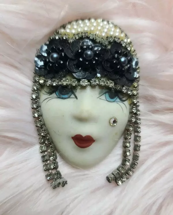 PORCELAIN FLAPPER girl Face VINTAGE Brooch 1970 2.5 Hand Paint Signed
