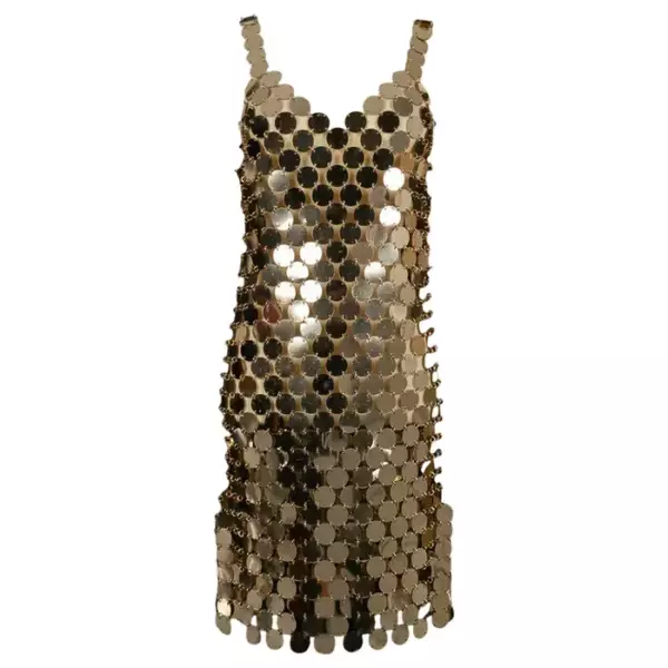 Paco Rabanne Iconic Dress in Gold Celluloid Pellets.