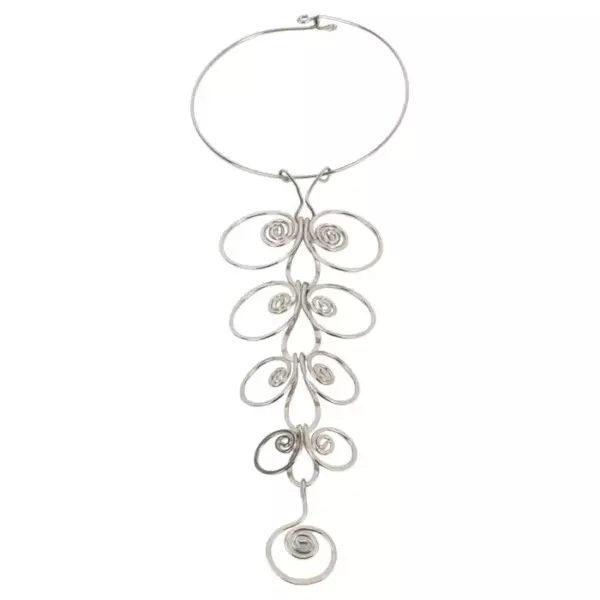 Paco Rabanne Style Space Age Chrome Wire Necklace with Geometric Pendant.
