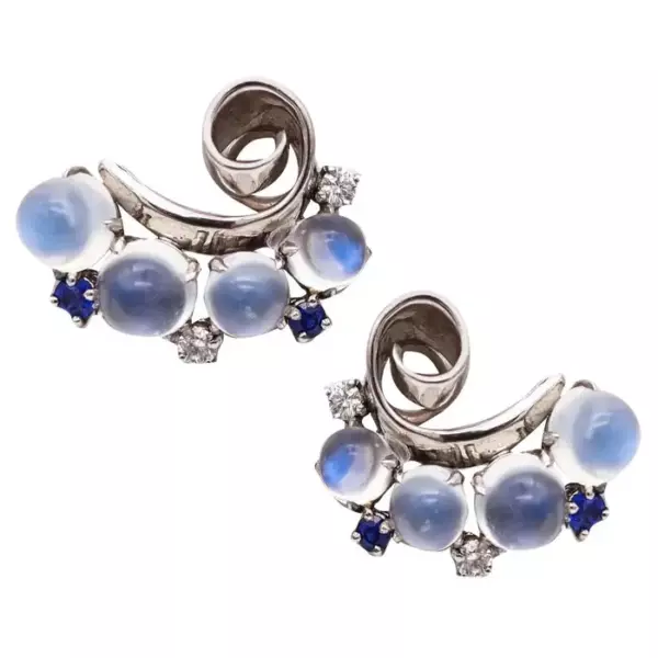 Raymond C. Yard 1943 Deco Retro Earrings Platinum 15.34 Ctw Moonstones Sapphires.
