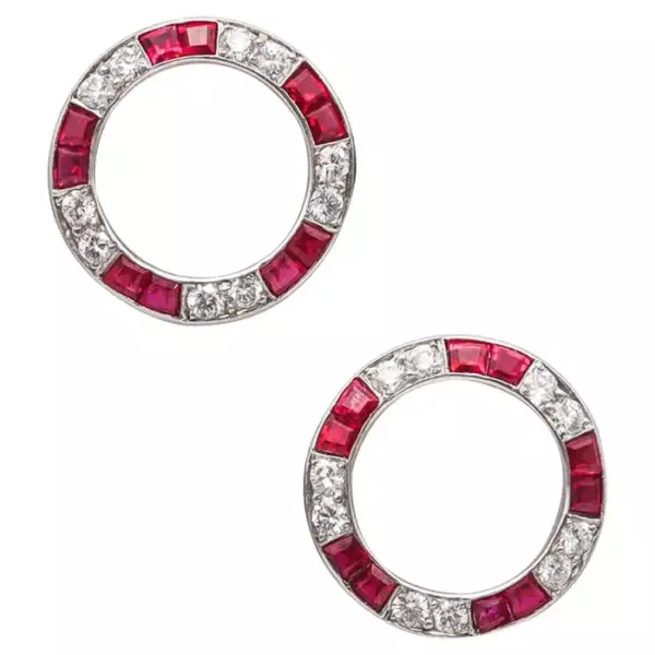 Raymond Yard 1935 Art Deco Earrings In Platinum With 3.09 Ctw Rubies Diamonds.