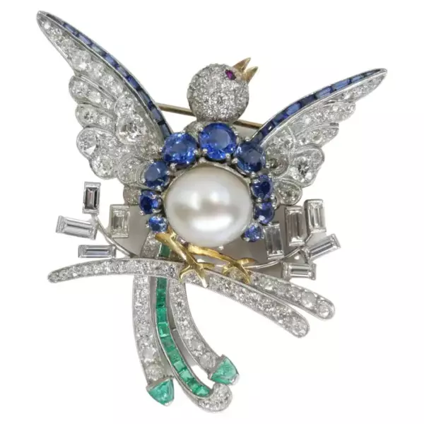 Raymond Yard, Certified Natural Pearl, Sapphire, Emerald, Ruby & Diamond Brooch.