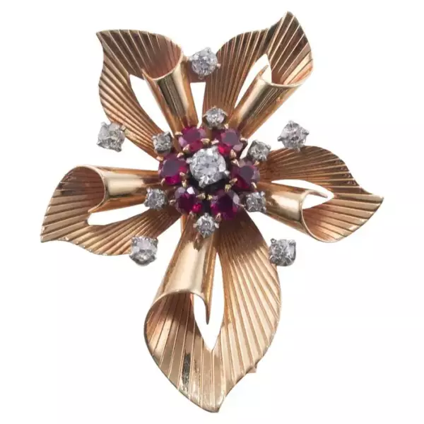 Raymond Yard Retro Diamond Ruby Gold Flower Brooch.