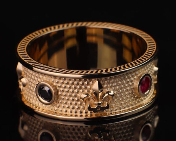 Ring Bugakov jewelry made of 585 gold with rubies and diamonds.