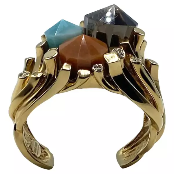 Roberto Cavalli 1990s Abstract Semiprecious & Rhinestone Cuff Bracelet.