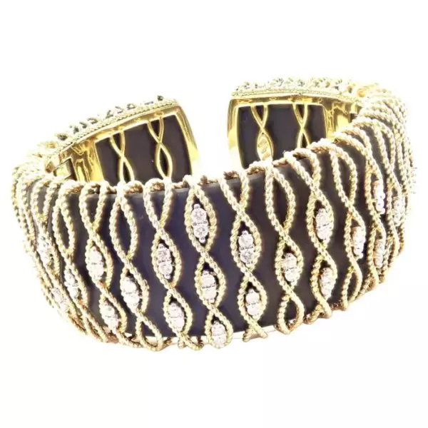 Roberto Coin Diamond Ebony Wood Cuff Yellow Gold Bangle Bracelet.