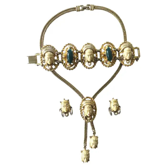 Selro Selini 1950s Elaborate Asian Princess Necklace, Bracelet and Earrings Set.