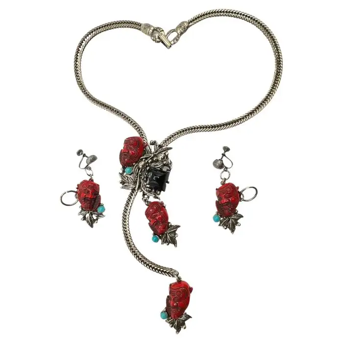 Signed Selro Selini Lucite Jewelry Set of Antique Necklace and Earrings.