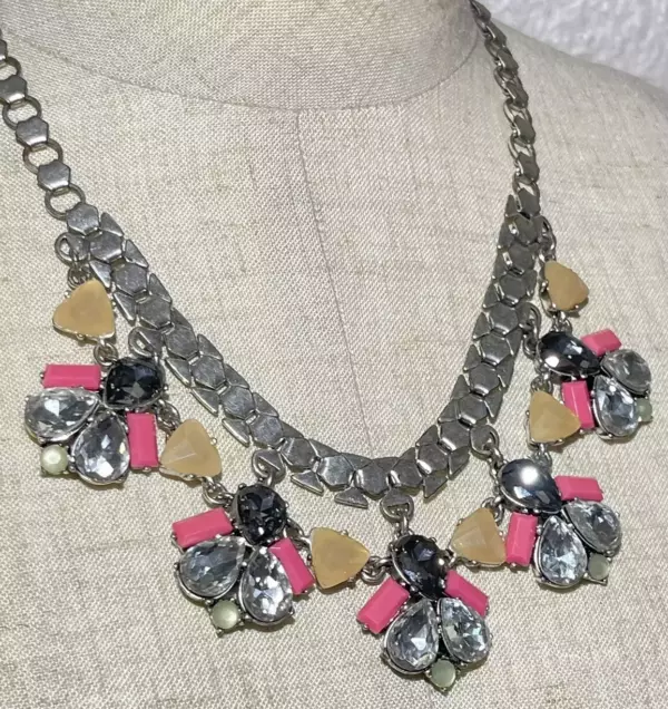 Stella & Dot Callie Statement Necklace Rhinestone, Silver Tone, Peach & Pink.