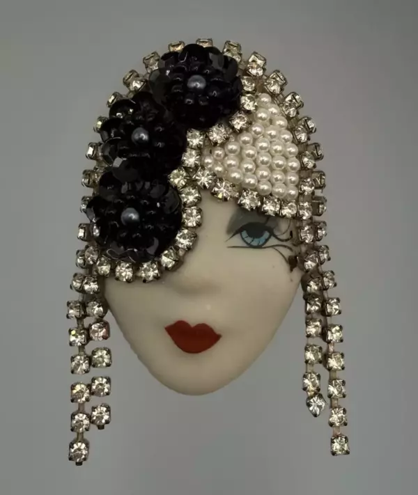 VTG Porcelain Face Originals By Elvira And Jackie Pin Brooch With Rhinestones.