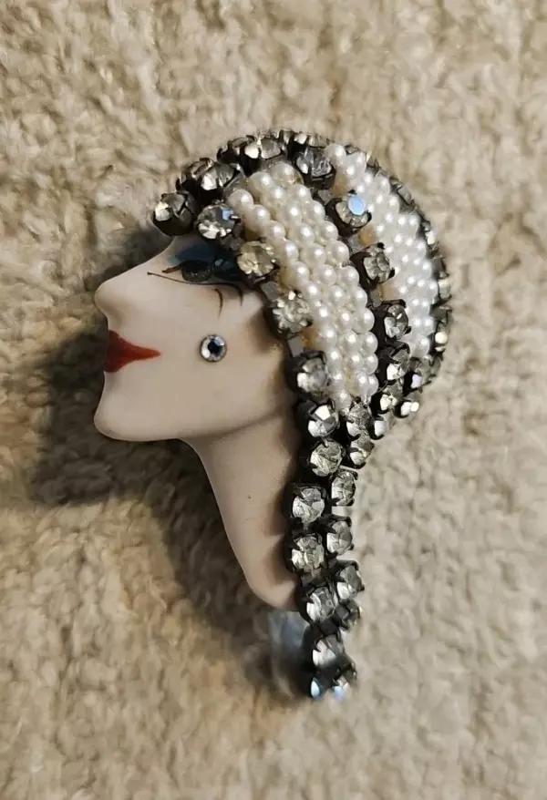 VTG Porcelain Face Originals By Elvira And Jackie Pin Brooch With Rhinestones