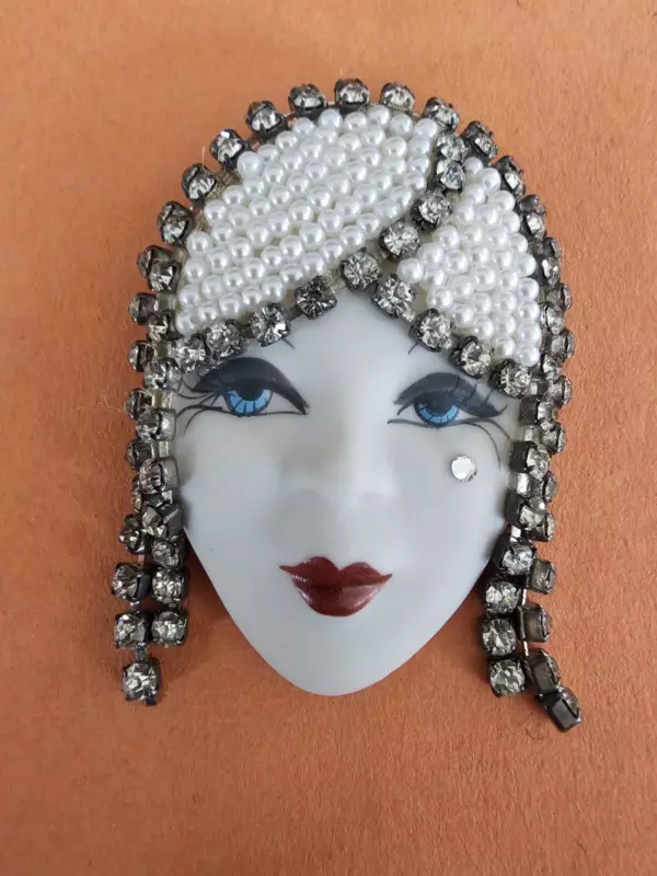 Vintage Elvira & Jackie Flapper Girl Porcelain Face With Rhinestones, Pin Brooch
