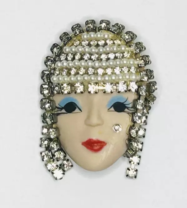 Vintage Elvira & Jackie Porcelain Flapper Girl Face Rhinestone Brooch Pin.