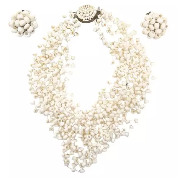 Vintage Langani Multi Strand White Beaded Necklace and Pair Of Clip On Earrings.