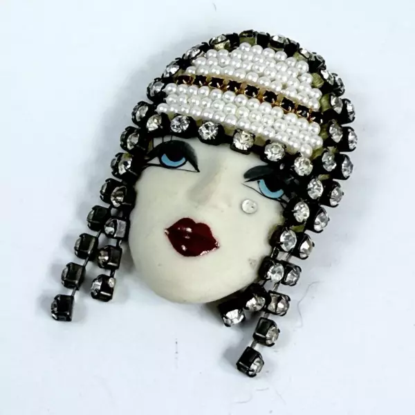Vintage Original Elvira and Jackie Porcelain Faux Pearl Flapper Face Brooch Pin