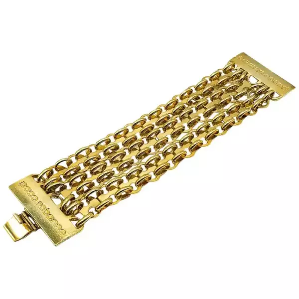 Vintage Paco Rabanne Sculptural Gold Chain Logo Cuff Bracelet 1970s.