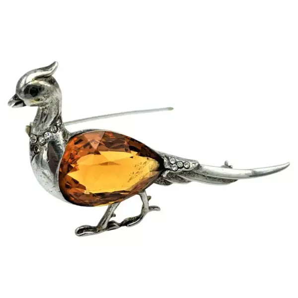Vintage Peacock brooch by REJA sterling silver, large rhinestone, 1940 USA.