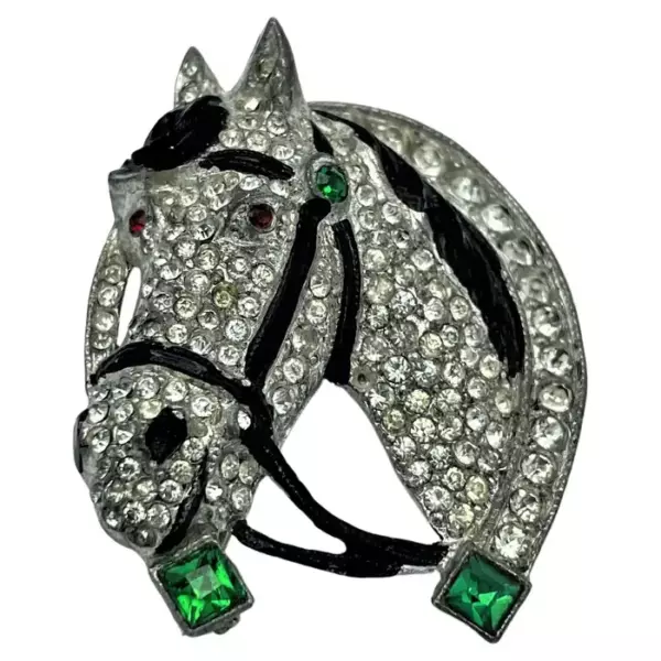 Vintage Staret pony head brooch in horseshoe, rhinestones, 1930s USA.