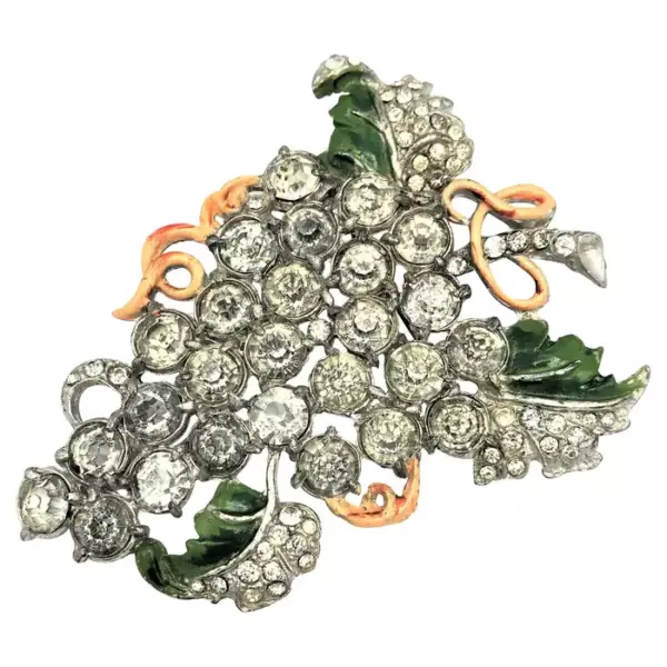 Vintage grape brooch signed Staret, enamel and rhinestone 1940 USA, Rodium.