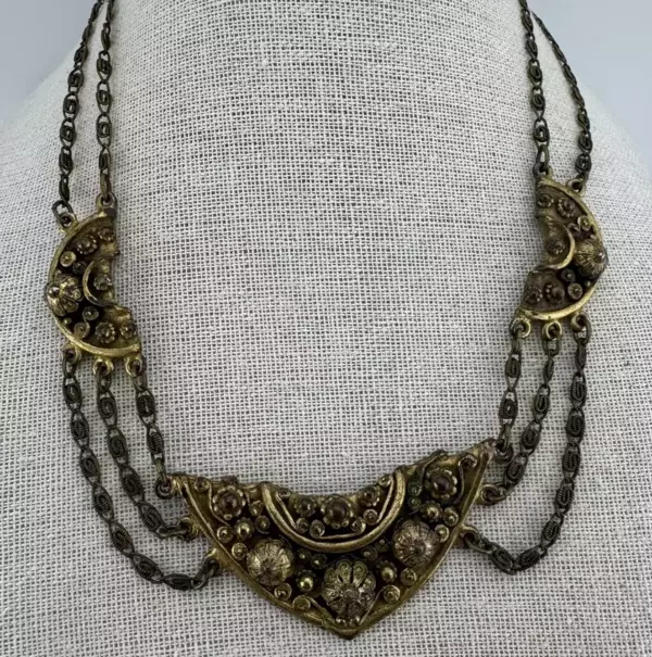 Vtg 1940's Indo Craft Rice Weiner Signed Etrusceana Necklace Antique Gold Brass.