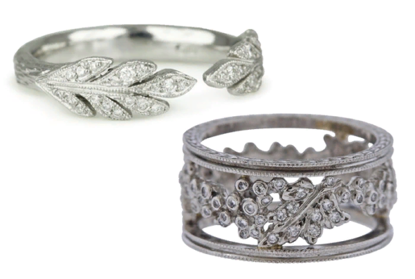 White gold rings in the shape of leaves.