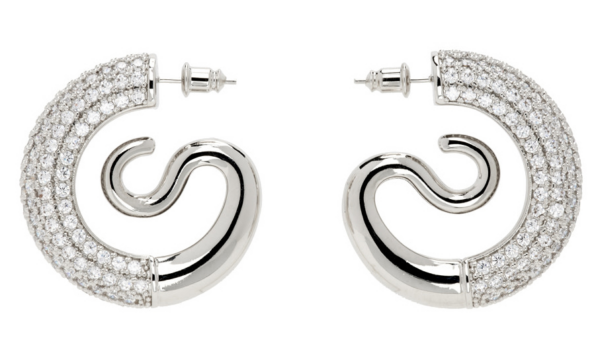 White gold round earrings with rhinestones.