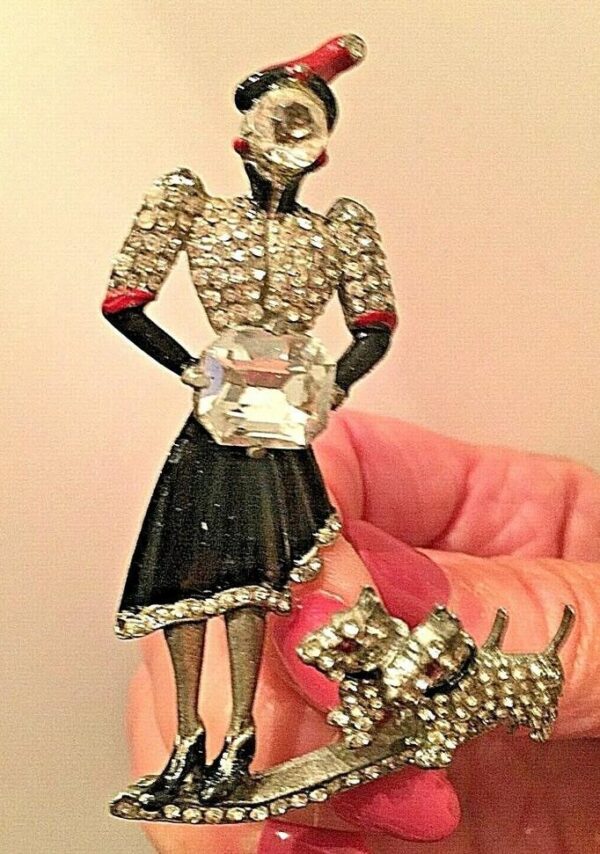 Wonderful and Rare 1940s Unsigned Staret Trembler Brooch Featuring an Art Deco Woman Walking her Two Dogs.