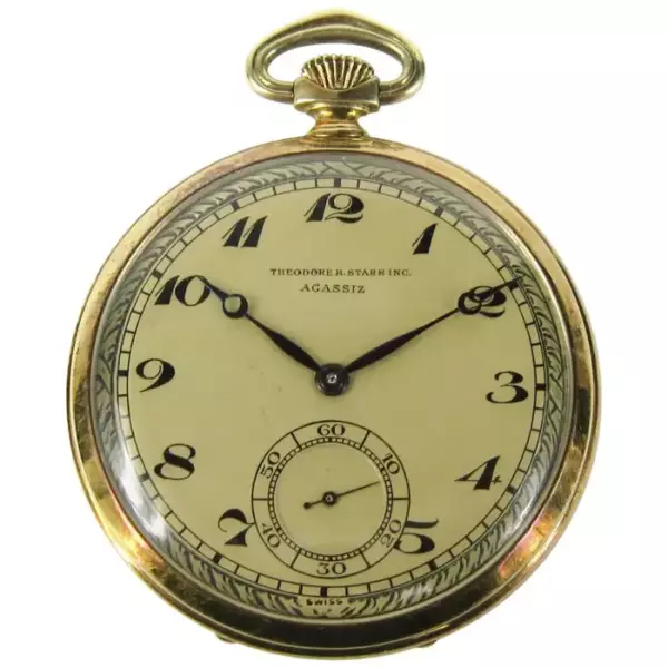 Agassiz 14 Karat Yellow Gold Open Face Pocket Watch.