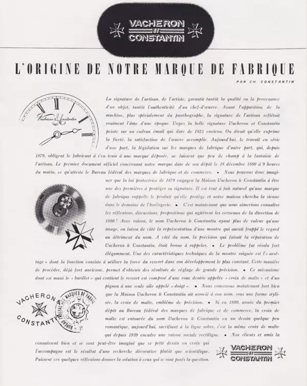 Article by Charles Constantin on the origins of the Vacheron Constantin logo, published in L’Heure magazine in 1943.