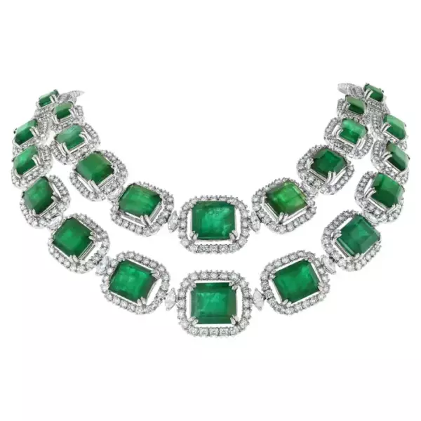 Beauvince Renee Emerald & Diamond Necklace '162.89 Ct Gemstones' in White Gold.