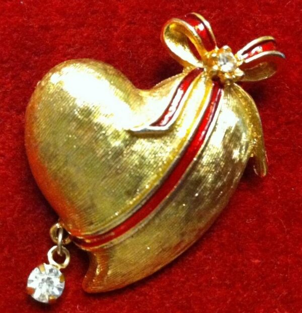 VALENTINE Vintage TANCER II Signed HEART Brooch Pin Enamel Hanging Crystal.