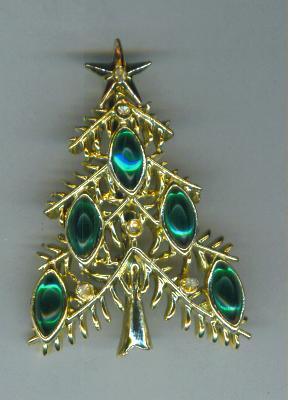 Vintage Rare 1970s Tancer II Green Cabochon Rhinestone Christmas Tree Pin.