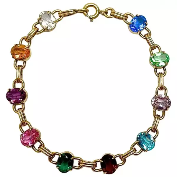 WRE 12K Gold Filled Harlequin Glass Link Bracelet circa 1950s. WRE 12K Gold Filled Harlequin Glass Link Bracelet circa 1950s.